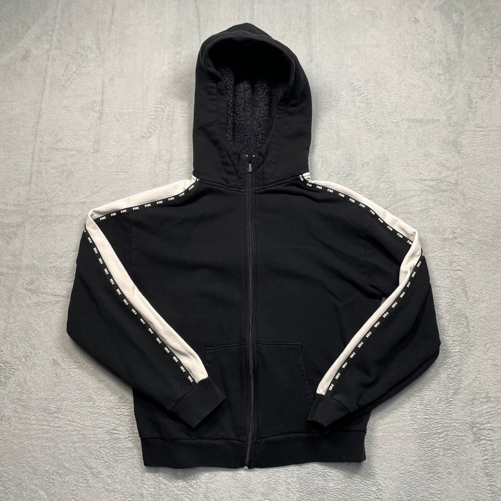 PINK Victoria's Secret Zip Hoodie Women Medium Black Sherpa Hood white Stripe - Picture 1 of 11